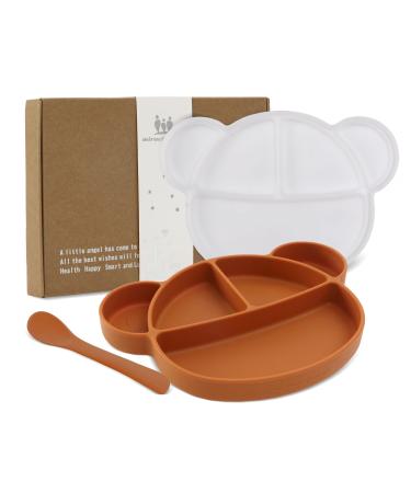 Silicone Baby Suction Plate Toddler Self Feeding Plates Children's Plate with Lid and Spoon Kid Divided Weaning Plate Dinnerware Set with Gift Box BPA Free & Dishwasher Safe (Caramel)