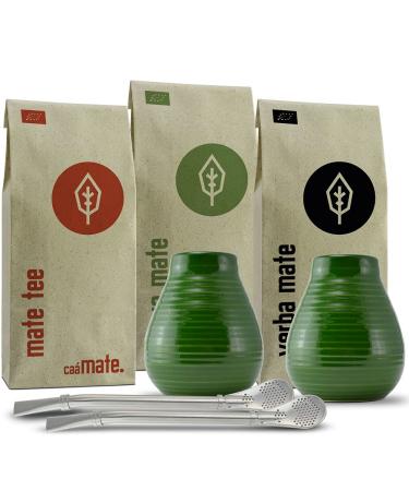 Mate Tea Set for Two Organic 2 Mate Cups + 2 Bombillas + 300g Mate Tea + Preparation Instructions (green)