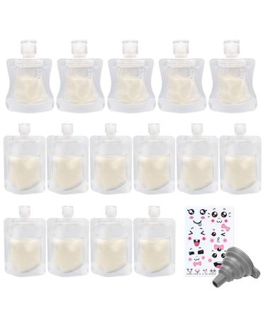 15 Pack Portable Travel Fluid Bags Plastic Stand Up Nozzle Pouches Clear Flip Top Packaging Bags For Lotion Shampoo Conditioner Shower Gel Hand Soap with Labels and Funnel