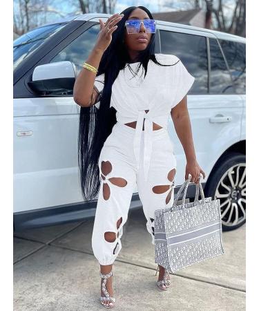 Women's Summer 2 Piece Outfit - Short Sleeve Knot Crop Top with Flower Hollowed Out Sweatpants, All White, Size Large - Buy Online on SooperMarket.com