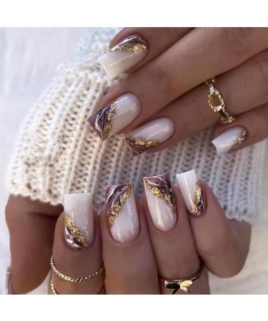 24PCS Medium Press on Nails Square Fake Nails Full Cover Gold Glitter False Nails Brown Acrylic Nails Marble Design Glue on Nails Medium Stick on Nails for Women Girls Style 2