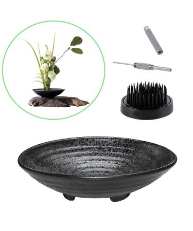 Eggone Japanese Ikebana Kit Floral Frog Flower Container with Kenzan Needle Straightening Tool - 1.57inch Black Flower Frog  6.7inch Bowl Vase