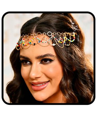 Zoestar Boho Head Chain Gold Crystal Headband Layered Tassel Bridal Headpiece Beads Festival Hair Accessories for Women and Girls