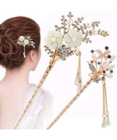 Minkissy 1PC Flower Pearl Hair Chopstick Alloy Hair Pin Chopsticks with Tassel Vintage Hair Stick for Girls Women - Buy Online on SooperMarket.com