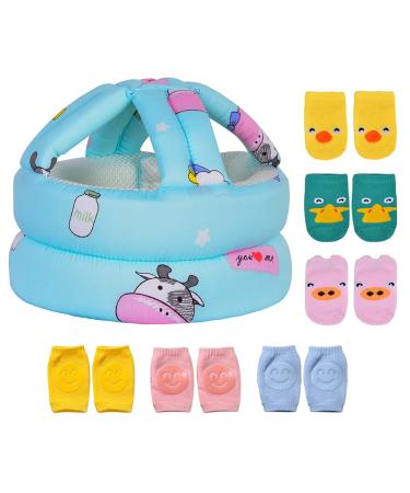 Umtiti Baby Adjustable Helmet Lightweight and Soft with 3 Pairs Baby Knee Pads for Crawling & 3 Pairs Baby Socks Great for Baby Learning to Walk and Crawl. Cute Cow+6