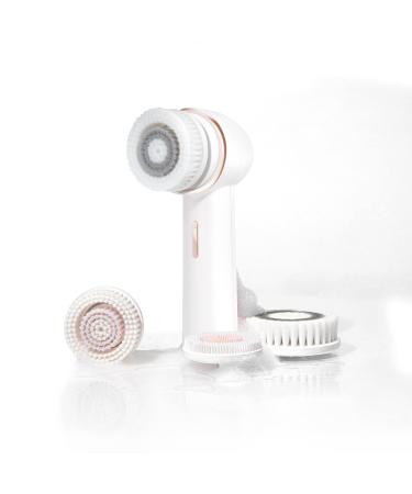 Vanity Planet Raedia 2.0 Facial Cleansing Brush, 4 Interchangeable Brush Heads, White - Daily Cleansing Face Exfoliator for Glowing & Acne Prone Skin - Lightweight Silicone Water-Resistant Body Brush