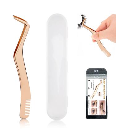 Lash Tweezers Eyelash Applicator Stainless Steel Upgraded 2 in 1 Lash Extension Tweezers with Comb Eyelash Applicator for Precise Lash Application Removing Eyebrows (Rose Gold)
