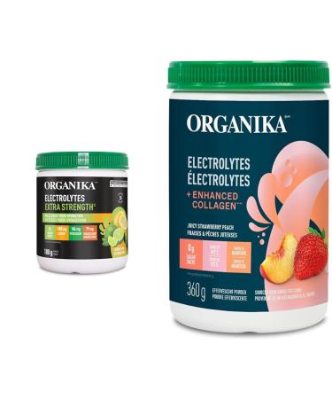 Organika Electrolytes Extra-Strength Powder- Lemon Lime- High in Sodium for Sport Recovery & Electrolytes + Enhanced Collagen- Strawberry Peach Flavour- Sugar-Free Hydration + Protein