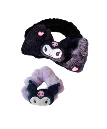 2 Pcs Kawaii Kitty Hair Band And Hair Tie Headband Cartoon Hair Clips Hair Accessories Character Coral Hair Band Gift Hair Coral Fleece Head Wraps Elastic Band For Girls Women (FD-Kuromi 2pcs)