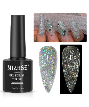 MIZHSE Holographic Reflective Glitter Gel Polish  Silver Glitter Diamond Reflective Gel Nail Polish Flashing Disco Shimmer Soak Off UV Gel Nail Art Varnish Manicure Kit  for Beginners DIY at Home (10ml)
