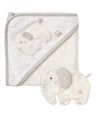 Fehn 056396 Bade-Set Elefant Fehnnatur-Bade-Set towel & washcloth with organic cotton (KBA)-with animal motif for happy bathing fun-for babies and toddlers from 0+ months of bath set elephant nature