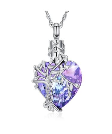 QGJNSGC Tree of Life Urn Necklace for Ashes Cremation Heart Urn Ashes Necklace for Women/Pet Crystals Keepsake Memorial Locket Cremation Jewellery Loved One Memorial Pendant Silver-Purple