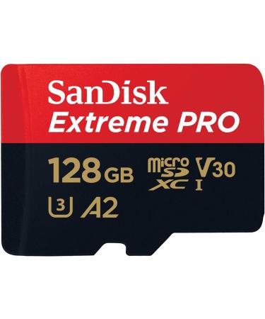 SanDisk 128GB Extreme PRO microSD UHS-I Card with Adapter C10, U3, V30, A2, 200MB/s Read 90MB/s Write SDSQXCD-128G-GN6MA