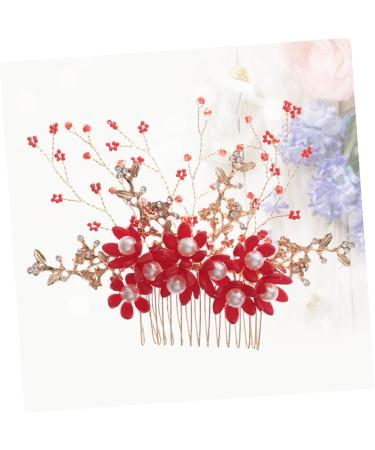 HAPINARY Handmade Comb Hair Insert Comb Bridal Headpiece Flower Hair Combs Wedding Side Comb Wedding Hair Combs Pearl Comb Clip Crystal Headpiece Tiara Red Hanfu Bride Headgear - Buy Online on SooperMarket.com