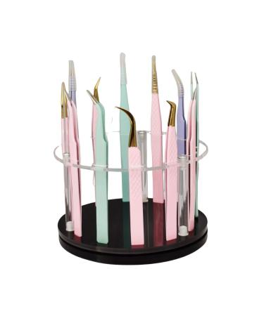 12 Holes Acrylic Rotatable Tweezers Holder Eyelash Makeup Grafting Tweezer Display Stand Extensions Organizer Training Rack Beauty Tools (Black)