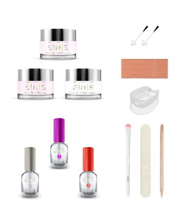 SNS Nail Dip Powder & Dip Essentials Nail Color Kit DIY Starter Bundle (Pink & White) - Foundation Powder Dip Activator & Top Coat Brushes Cuticle Pusher Nail File Buffer & French Dip Mold Pink and White DIY Starter Bundle