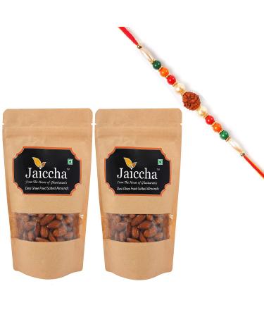 Jaiccha Ghasitaram Rakhi Gifts for Brothers Rakhi Dryfruits - Desi Ghee Fried Salted Almonds 400 GMS in Brown Paper Pouch with Rudraksh Rakhi