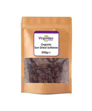 Organic Sun Dried Sultanas 250g by Virgolden Organic - Source of Fibre Suitable for Vegetarians Baking Desserts Vegan Cakes Cookies Tart Breakfast Granola