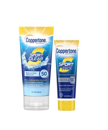 Coppertone SPORT Clear Sunscreen Lotion SPF 50 + Face Sunscreen SPF 50 Water Resistant Sunscreen Pack (5 Oz Spray + 2.5 Fl Oz Bottle)