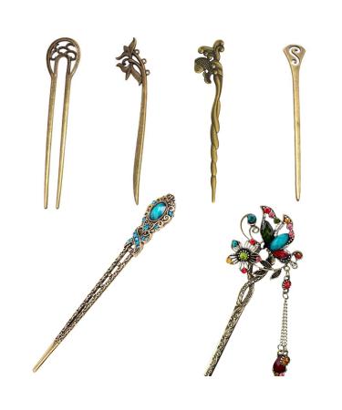 LEEQ Vintage Hair Sticks Chinese Hair Sticks Vintage Chinese Hairpin Antique Hairpin Metallic Hair Stick for Decorative Hair Styling Fixed (6 Pieces)