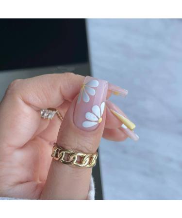 Yellow Daisy French Tip Press on Nails - 24Pcs Short Square False Nails for Women - Buy Online on SooperMarket.com