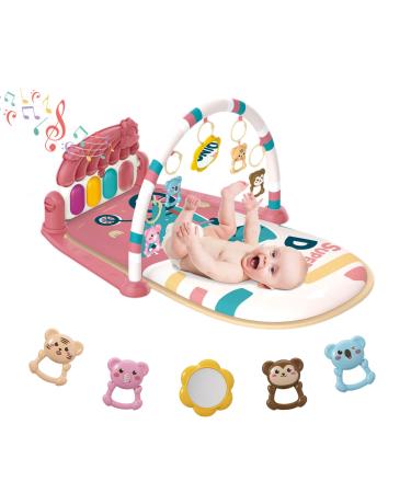 Baby Play Mat Baby Gym, Piano Tummy Time Baby Activity Gym Mat with 5 Infant Learning Sensory Baby Toys, Music and Lights Boy & Girl Gifts for Newborn Baby 0 to 3 6 9 12 Months (Pink)