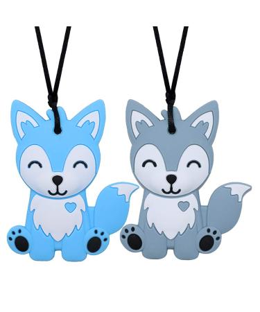 Sensory Chew Necklaces for Kids Boys and Girls - 2 Pack Fox Silicone Chewy Toys for Autism ADHD SPD Chewy Oral Motor Chewing Toy for Adults Blue&Grey