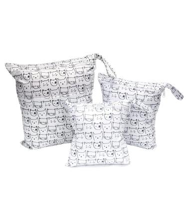 EGURS 3 piece/set of diaper pocket with reusable fabric wetbag naspocket organizer bags for babies diapers dirty clothes and other accessories cat white