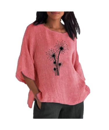 Cotton Linen Shirts for Women Plus Size Half Sleeve Summer Tops Crewneck Floral T-Shirts Lightweight Loose Fit Tunics B03-pink Large