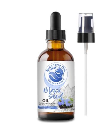 Bella Terra Oils Black Seed Oil. 4oz. 100% Pure. Cold-pressed. Unrefined. Organic. Nigella Sativa Black Cumin Oil. Chemical-free. Rich in Antioxidants. Natural Moisturizer for Hair  Skin 4 Fl Oz (Pack of 1)