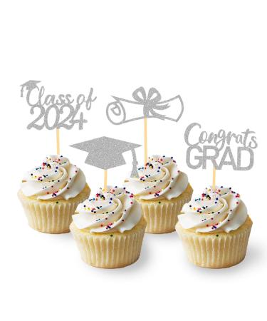 2024 Graduation Theme Cupcake Toppers Glitter Class of 2024 Graduation Cap Diploma Cupcake Picks - Set of 24 (Silver)