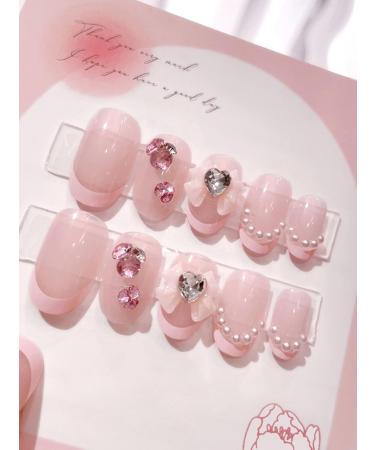 24pcs Pink Bow Oval Coffin Fake Nail Pink Bow 3D Press on Nails Pink Bow Oval Nails Luxurious Nails Acrylic Nails Fake Nails For Women Girls - Buy Online on SooperMarket.com