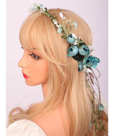 Wiwpar Bohemian Blue Floral Garland Headband Hair Hoop Flower Headband Photo Prop Floral Halo Headpiece Flower Garland Headwear for Women Girls Wedding Festival Party Cosplay Costume (Blue)