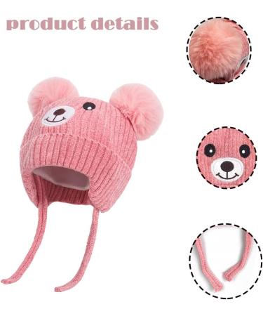 Cute Bear Kids Winter Hat | Dual Pom-Pom Ear Flaps | Fleece Lined Earflap Cap for Boys & Girls 1-5 Years | Chenille Knitted Warm Hat | Toddler Cold Weather Beanie - Pink - Buy Online on SooperMarket.com