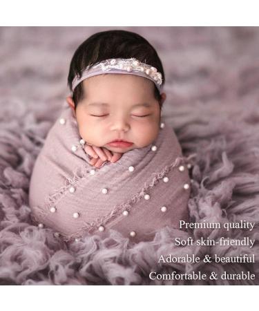 Newborn Photography Props Bundle: 4 PCS Handmade Knit Wrap Blankets Swaddle with Pearl Decor & Headbands - Snow Powder/Purple Gray - Buy Online on SooperMarket.com