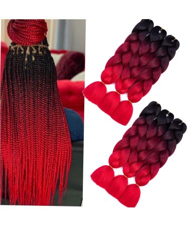 Shangxiu Braids Extensions Red Braiding Hair Extensions 6 PCs Kanecalon Kunsthaar 24 Inch Ombre Red Braiding Hair for Women Kunsthaar For Inclassing (Black-Zwein Red-Red) Ombre Red