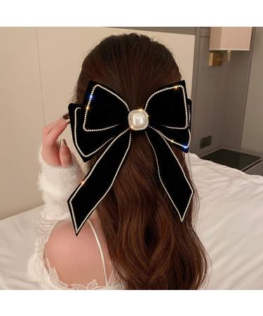 Wiwpar Velvet Black Hair Bow Hair Clips Barrettes Clips Large Bows with Pearl Rhinestone Hair Clip Big Bowknot Barrettes French Style Hair Accessories for Women Girls Halloween Party(Black) color 1