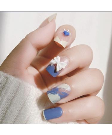 Luvadeyo Pack of 24 Stick-on Nails | French Wave Lines | Long Blue & White Artificial Fingernails | Acrylic Press-On Nail Tips for Women & Girls - Buy Online on SooperMarket.com