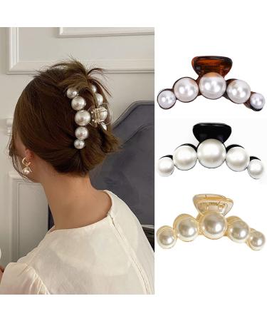3 Pieces Large Pearl Hair Claw Clips White Black Brown Pearl Hair Clips Strong Hold Hair Jaw Clips Fashion Acrylic Pearl Design Hair Styling Barrette for Women Hair Accessories Daily Wedding Hair Decor