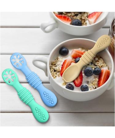 Vicloon Baby Fork and Spoon Set 4Pcs Silicone Spoon Baby Weaning Spoon Set Self Feeding Utensil Easy Grip Soft Baby Spoon Toddler Cutlery Kit for Infant Toddler Children First Led Training Weaning Blue/Green/Grey/Khaki - Buy Online on SooperMarket.com