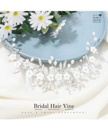 Unicra Flower Bride Wedding Hair Vine Silver Crystal Hair Accessories Pearl Bridal Headpiece for Women and Bridesmaid - Buy Online on SooperMarket.com