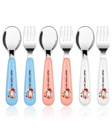 Vicloon Baby Fork and Spoon 6 PCS Toddler Utensils Spoons Forks Tableware Set Toddler Utensils Stainless Steel Baby Forks and Spoons Baby Feeding Cutlery Utensils Weaning Spoons for Kids - Fox Pink/Blue/Beige-fox