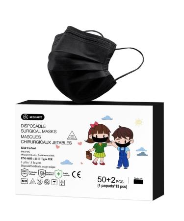 Medi Sant 50+2 units Surgical disposable mask Children's mask Medical masks oral and nose protection CE certified 14683: 2019 standards type iir BFE finance 3-layer masks black
