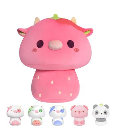 Mewaii 14'' Strawberry Cow Mushroom Soft Pillow Stuffed Animal Plush Plushie Squishy Toy - Cuddly Pink Cow Plush for Kids Painted Strawberry Cow 14 Inch