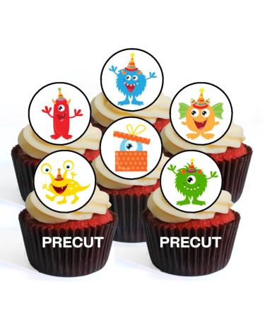 PRECUT Monsters Edible Cupcake Toppers - Monsters Birthday Party Theme Premium Thickness SWEETENED VANILLA - wafer card disc cake decorations (Pack of 24)