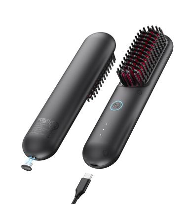 TYMO Cordless Hair Straightener Brush - Porta ECO Portable Straightening Brush for Travel Mini Hot Straightening Comb for Women Ceramic Coating Lightweight for Touch-ups Anti-Scald Black