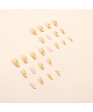 MISUD 24pcs Long Coffin Press on Nails - Bling Gold Glitter & Elegant Nude Pink Gel False Nails with Design - Buy Online on SooperMarket.com