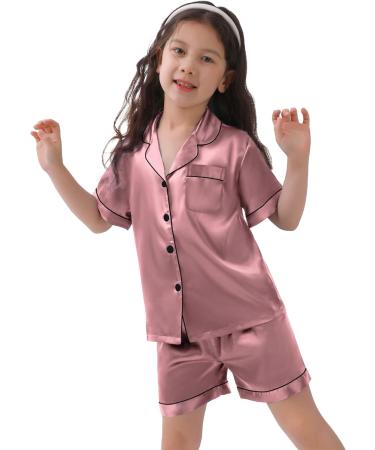 SWOMOG Kids Silk Pyjamas Set | Short Sleeve Button-Down Satin PJs | Misty Rose | Ages 4-16 - Buy Online on SooperMarket.com