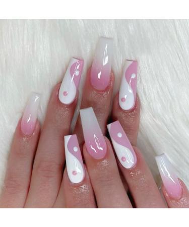 Runrayay Pink & White Splicing Press on Nails Medium 24Pcs Fake Nails Coffin for Nail Art Manicure Decoration wrong nails stick on acrylic nails for women and girls EE