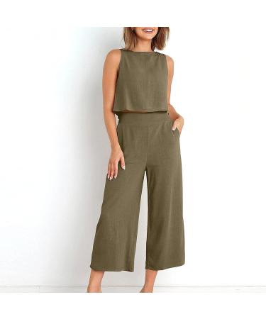 Women's Summer Two Piece Set - Sleeveless Crop Top and Capri Pants in Khaki - Size Medium - Buy Online on SooperMarket.com